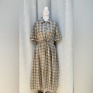 MUN Korea light airy brown gray plaid short sleeve midi shirt dress